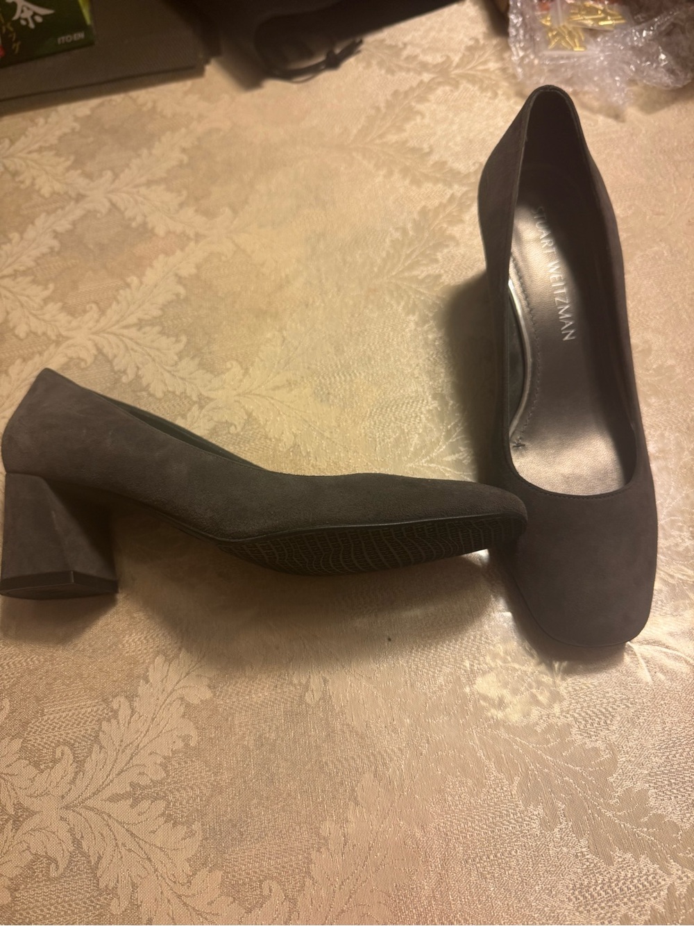 Stuart Weitzman Marymid Grey Suede Block Heel Pumps Size 6.5 LIKE NEW